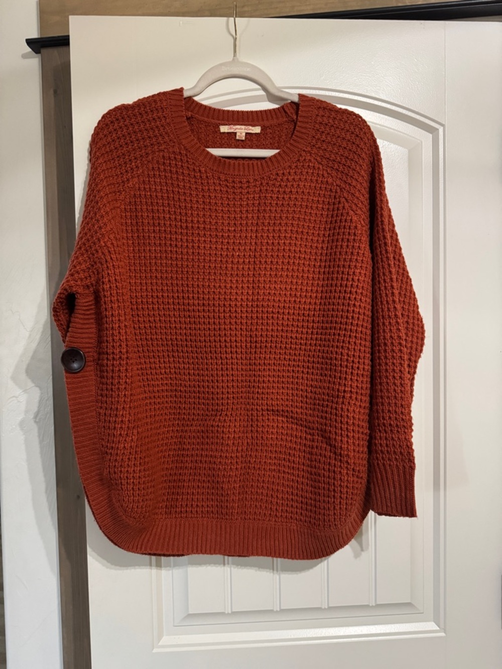 Rust Waffle Knit Crew Sweater with Button Detail